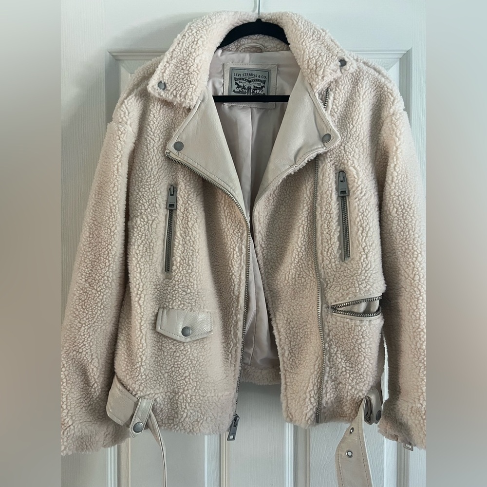 Levi's Cream Teddy Jacket with Moto Design